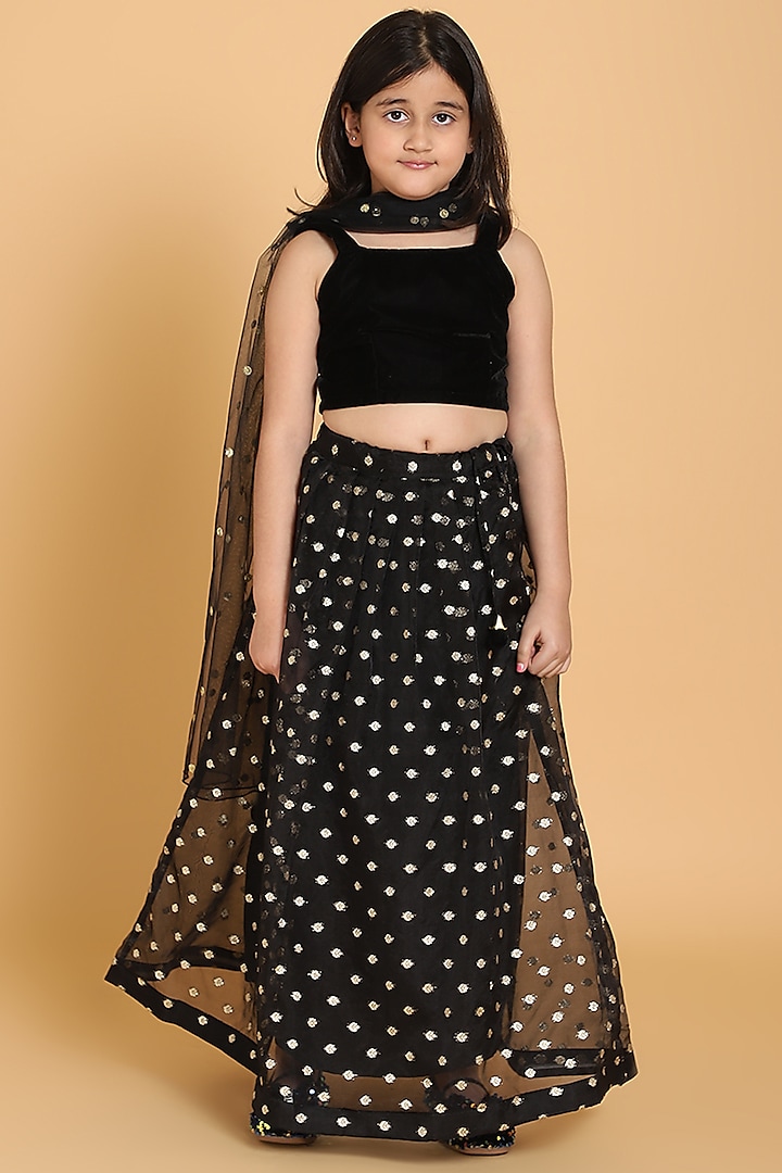 Black Velvet Lehenga Set For Girls by Piccolo at Pernia's Pop Up Shop