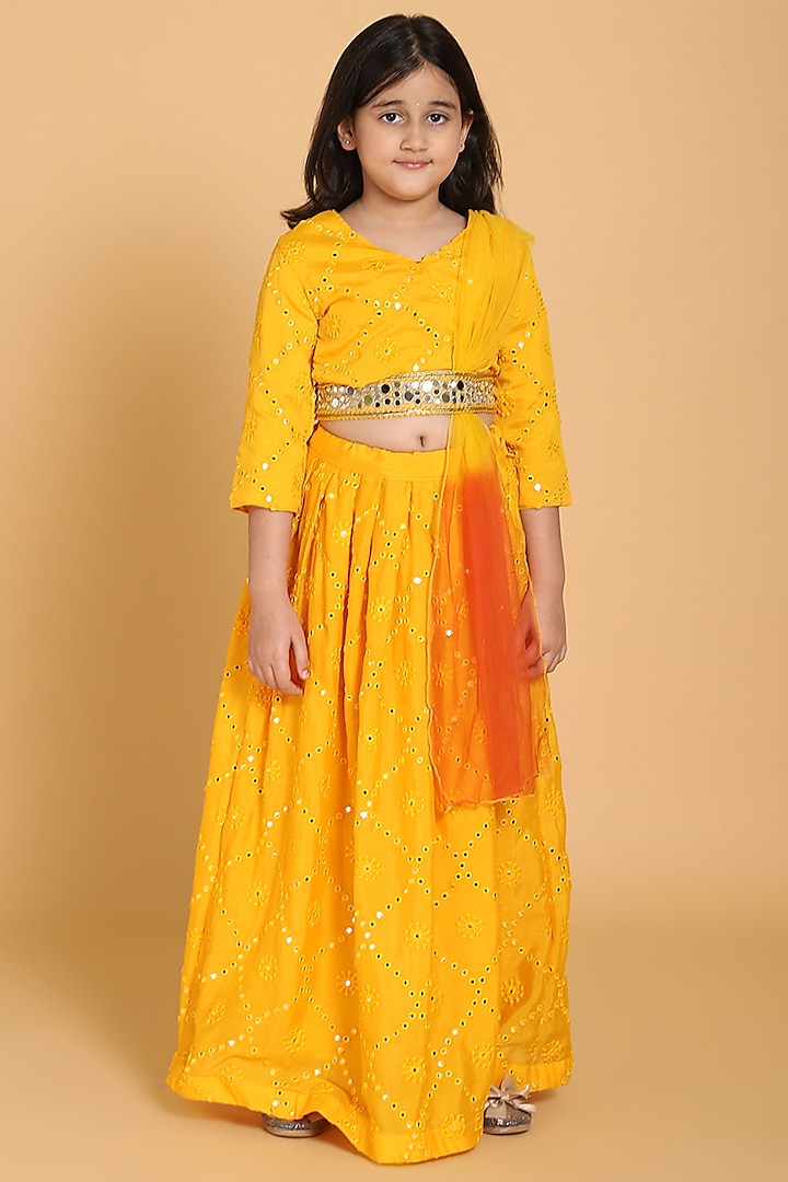 Yellow Embroidered Lehenga Set For Girls by Piccolo