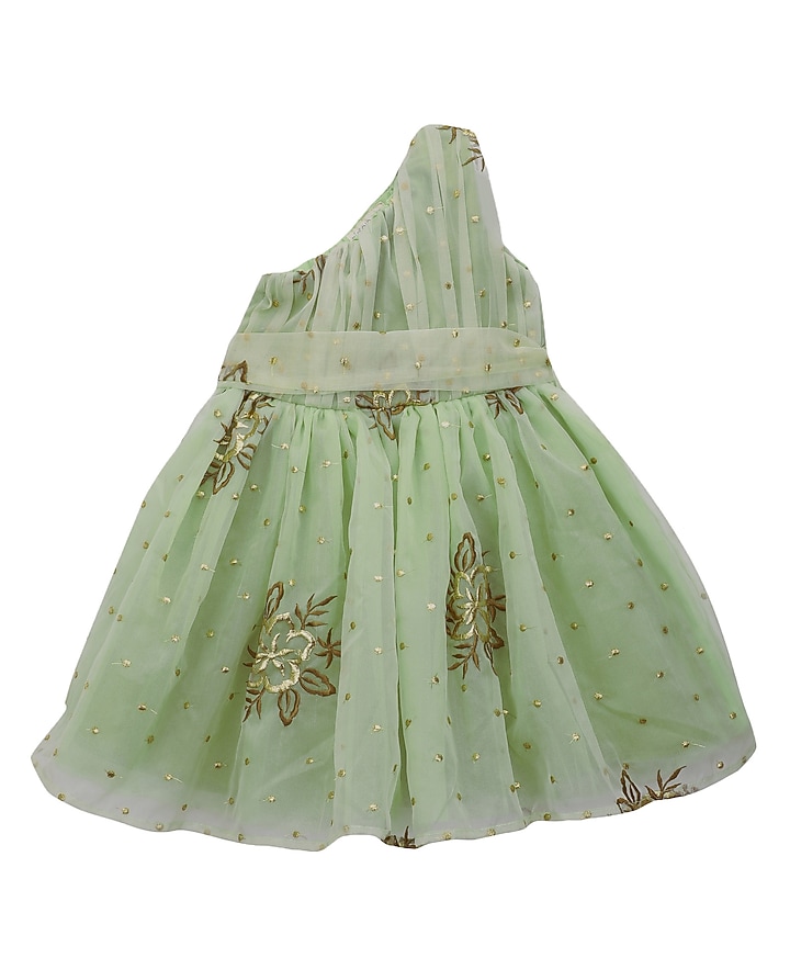 Green Organza One-Shoulder Dress For Girls by Piccolo at Pernia's Pop Up Shop