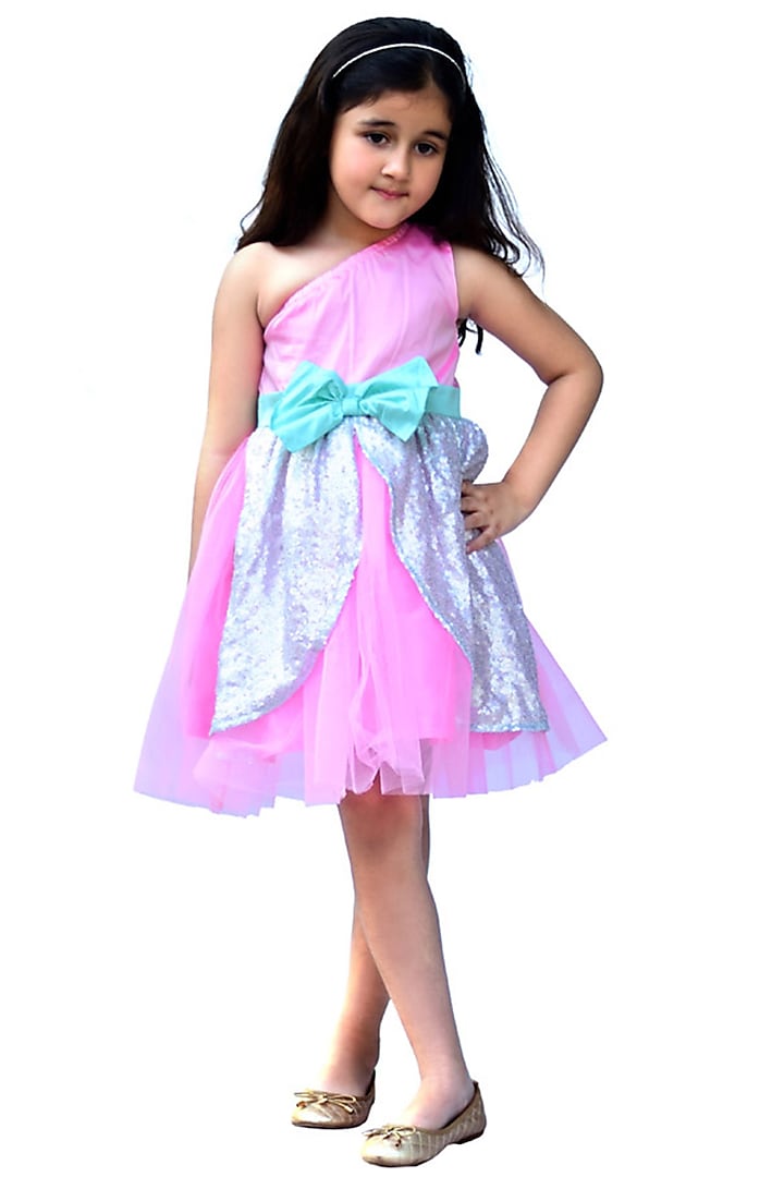 Pink Satin One-Shoulder Dress For Girls by Piccolo