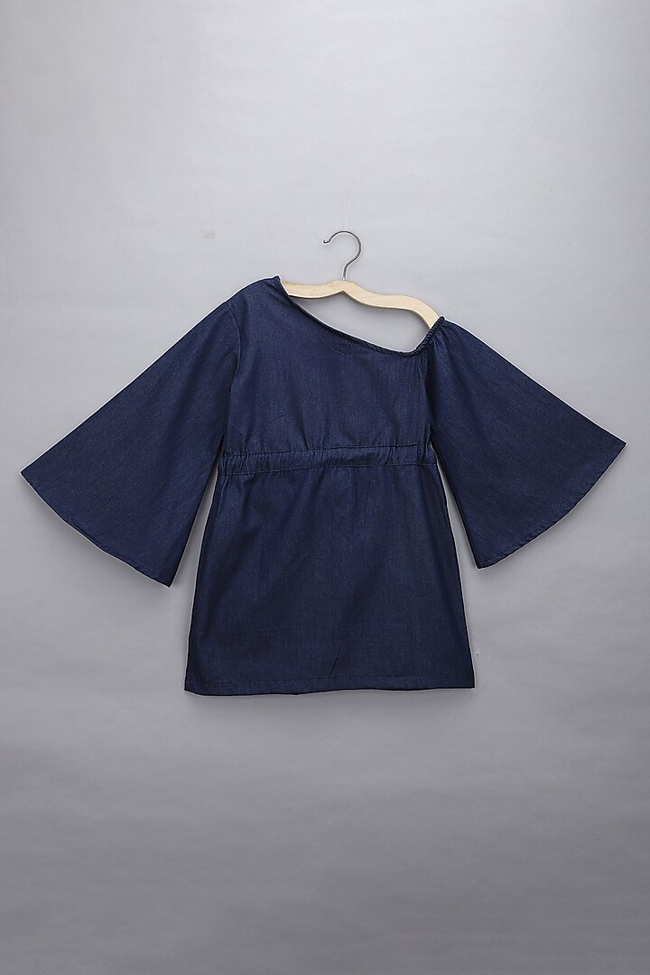 Blue Denim Off-Shoulder Dress For Girls by Piccolo