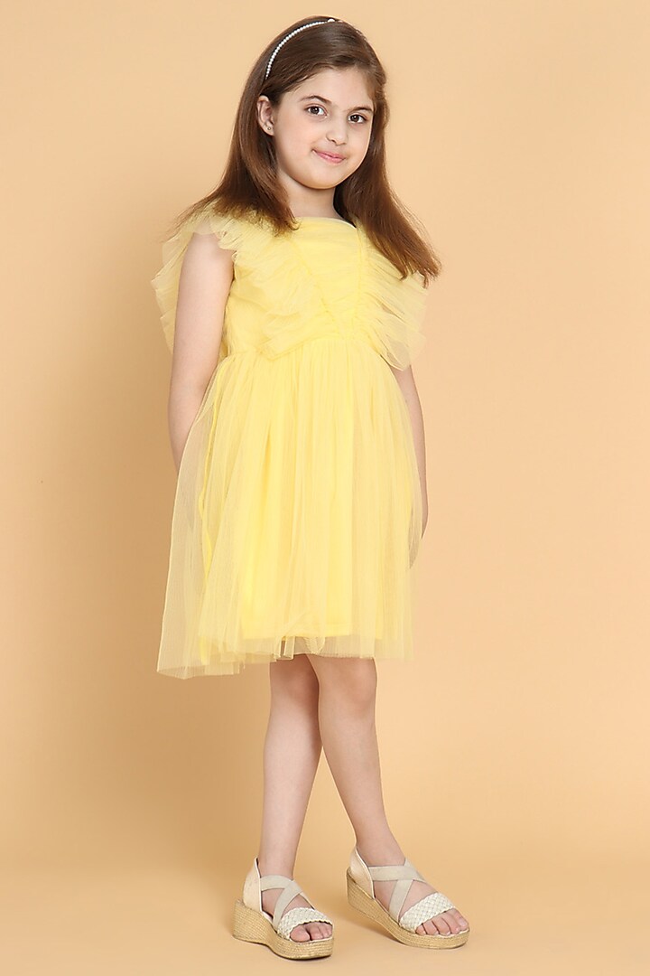 Yellow Net Pleated Dress For Girls by Piccolo