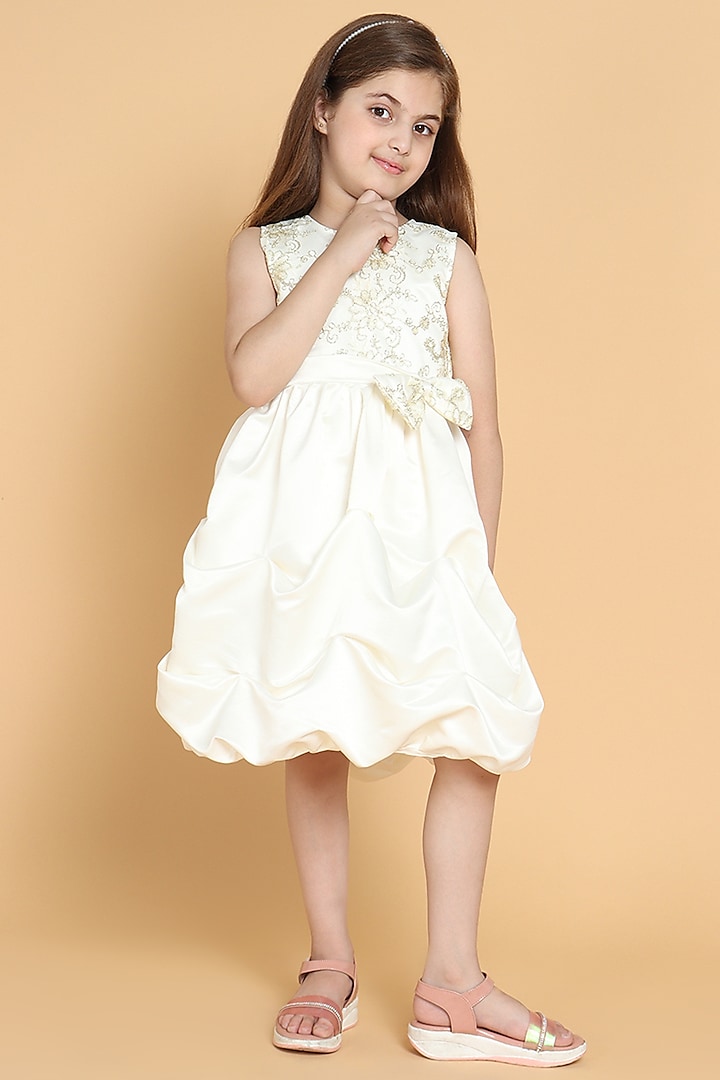 Cream Satin A-Line Dress For Girls by Piccolo