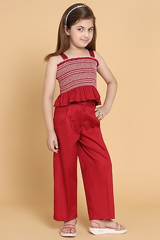 Maroon Cotton Pant Set For Girls by Piccolo
