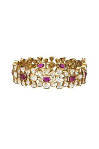 Gold Finish Kundan Polki Bangle In Sterling Silver by Pichola