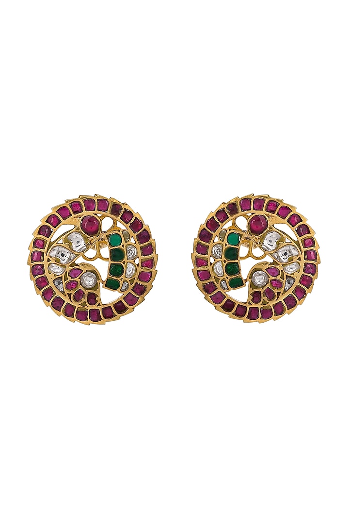 Gold Finish Pink Stone Stud Earring In Sterling Silver by Pichola