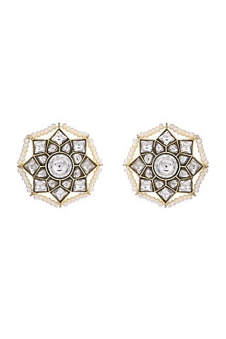 Gold Finish Kundan Polki Stud Earring In Sterling Silver by Pichola