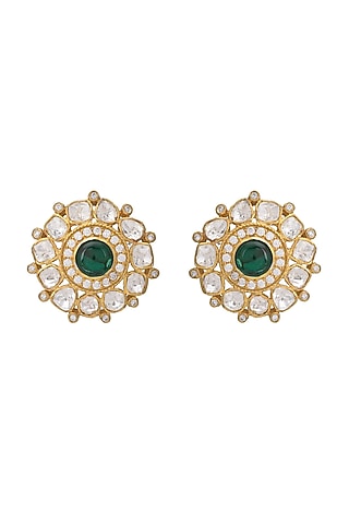 Gold Finish Kundan Polki Stud Earrings In Sterling Silver by Pichola