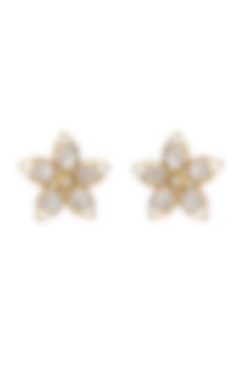 Gold Finish Kundan Polki Stud Earrings In Sterling Silver by Pichola
