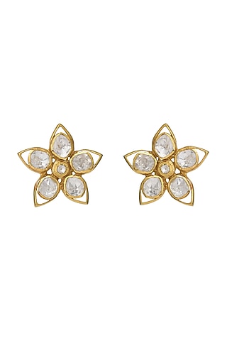 Gold Finish Kundan Polki Stud Earrings In Sterling Silver by Pichola