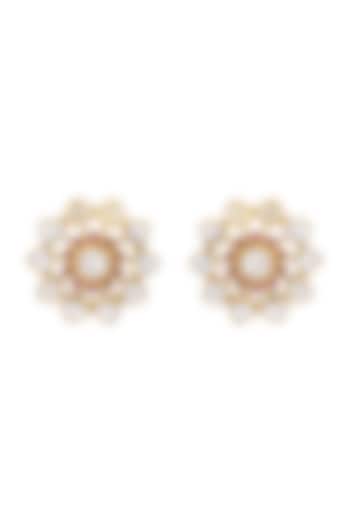 Gold Finish Kundan Polki Stud Earrings In Sterling Silver by Pichola