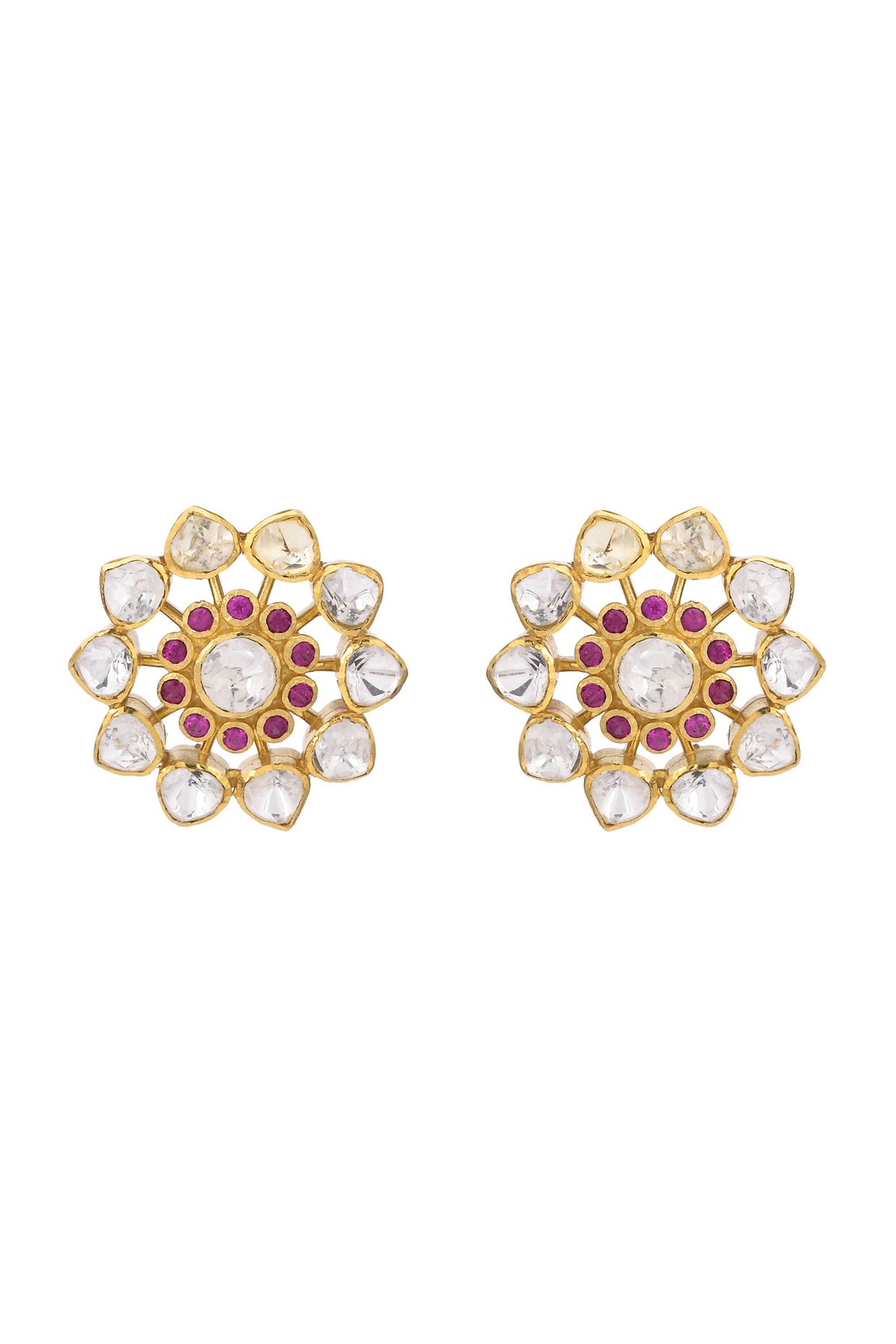 Gold Finish Kundan Polki Stud Earrings In Sterling Silver by Pichola at Pernia's Pop Up Shop
