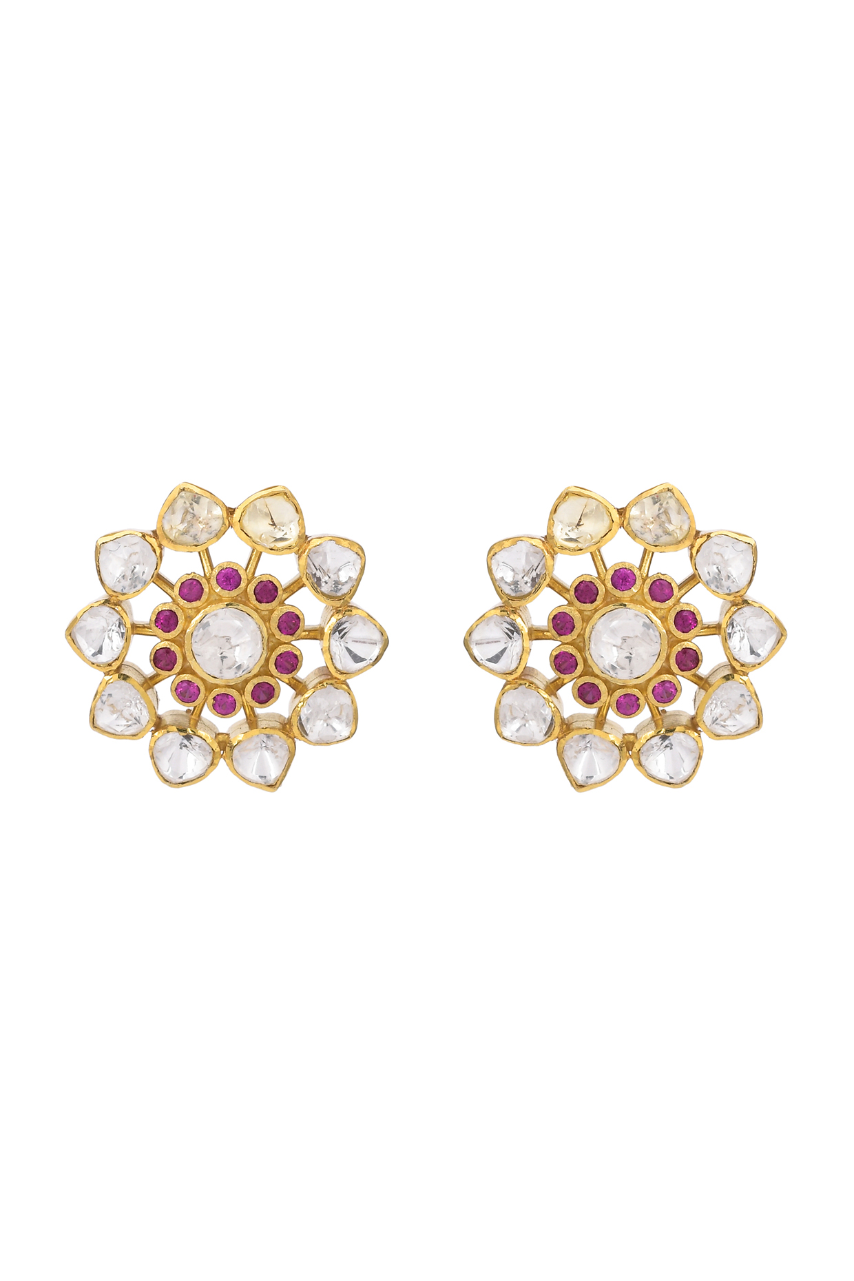 Gold Finish Kundan Polki Stud Earrings In Sterling Silver by Pichola