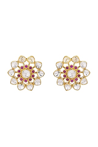 Gold Finish Kundan Polki Stud Earrings In Sterling Silver by Pichola