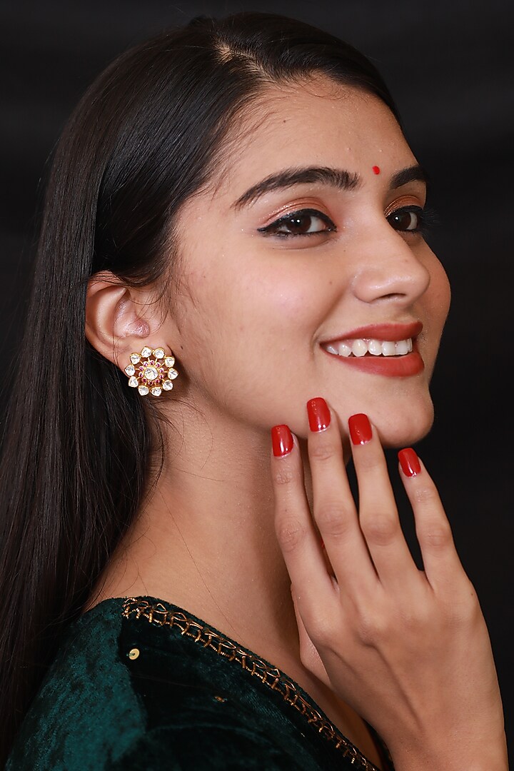 Gold Finish Kundan Polki Stud Earrings In Sterling Silver by Pichola at Pernia's Pop Up Shop