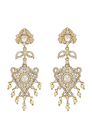 Gold Finish Kundan Polki Earrings In Sterling Silver by Pichola