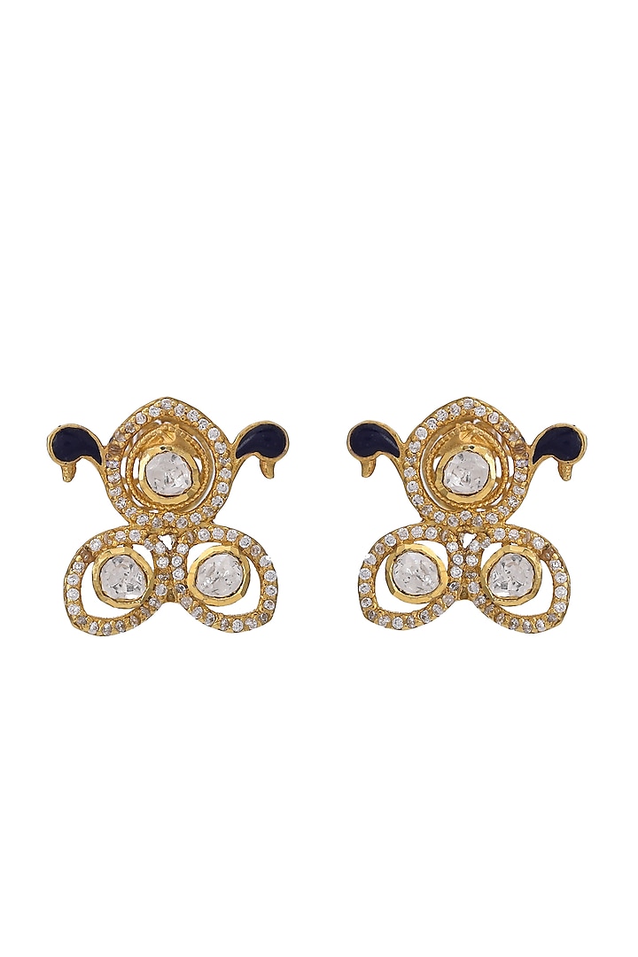 Gold Finish Kundan Polki Stud Earrings In Sterling Silver by Pichola