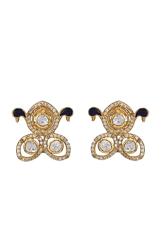 Gold Finish Kundan Polki Stud Earrings In Sterling Silver by Pichola