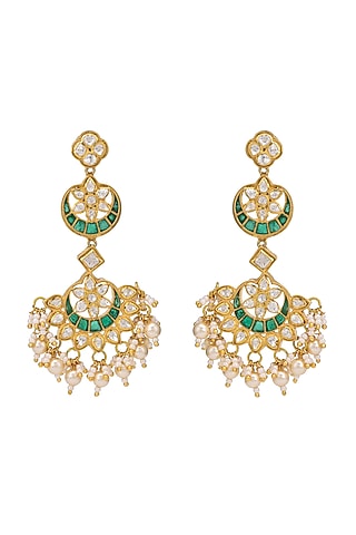 Gold Finish Kundan Polki Chandbali Earrings In Sterling Silver by Pichola