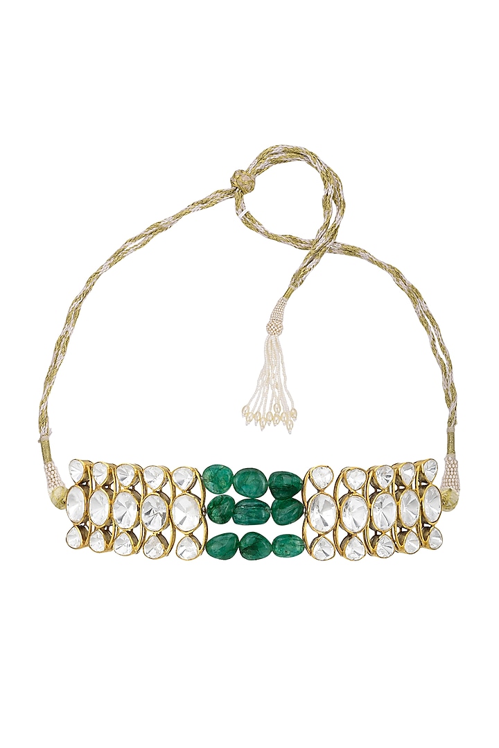 Gold Finish Kundan Polki Choker Necklace In Sterling Silver by Pichola