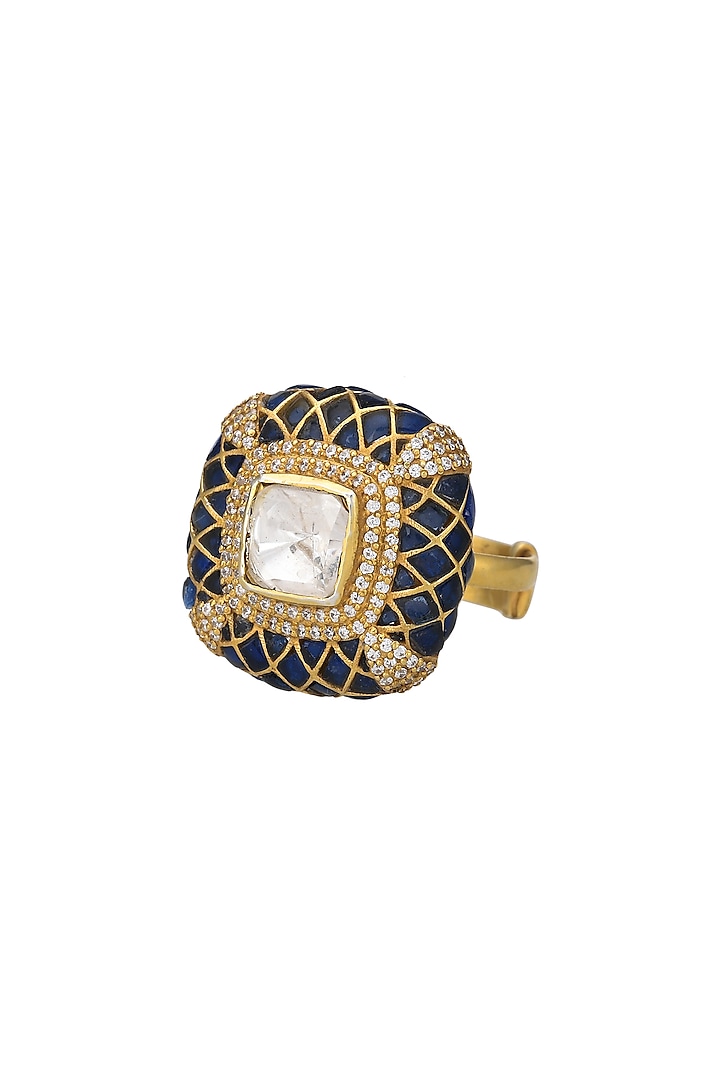 Gold Micro Finish Ring With Kundan Polki In Sterling Silver by Pichola
