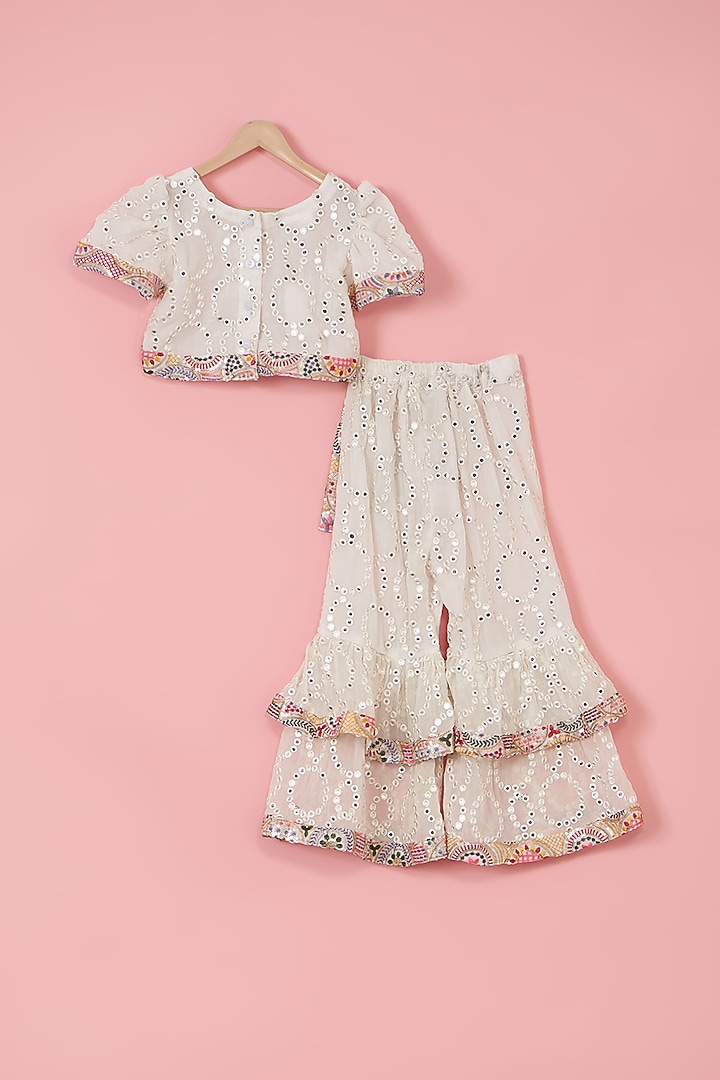 White Georgette Mirror Embroidered Sharara Set For Girls by PiccoRicco at Pernia's Pop Up Shop
