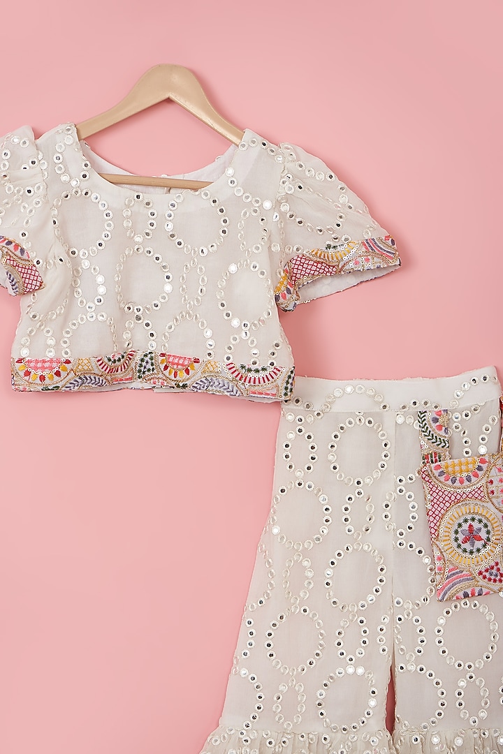 White Georgette Mirror Embroidered Sharara Set For Girls by PiccoRicco at Pernia's Pop Up Shop