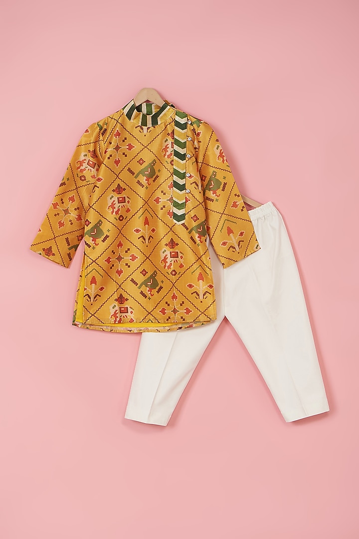 Yellow Silk Kurta Set For Boys by PiccoRicco at Pernia's Pop Up Shop