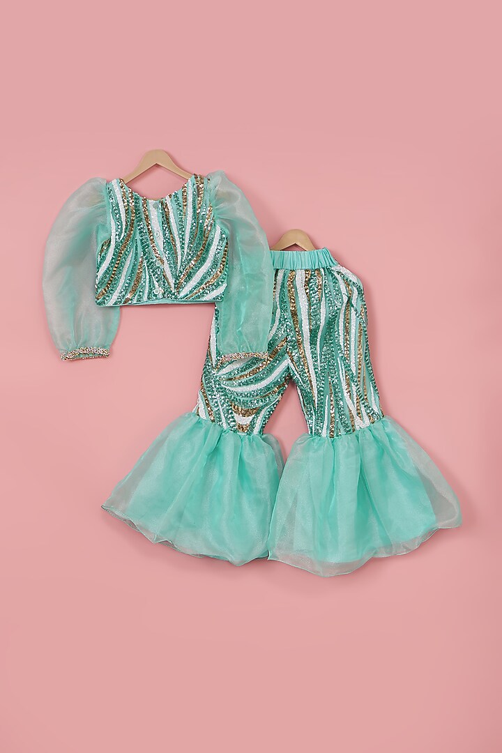 Green Net Sequins Embroidered Co-Ord Set For Girls by PiccoRicco at Pernia's Pop Up Shop