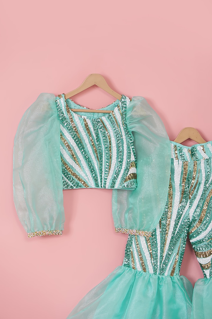Green Net Sequins Embroidered Co-Ord Set For Girls by PiccoRicco at Pernia's Pop Up Shop