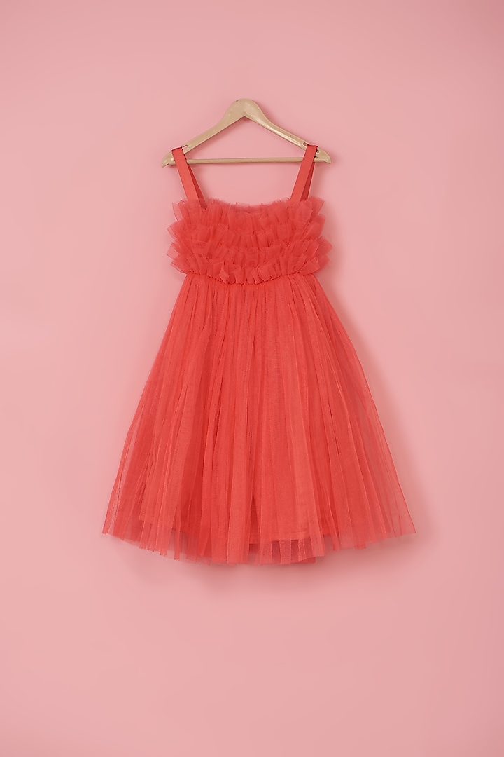 Pink Net Ruffled Tail Gown For Girls by PiccoRicco