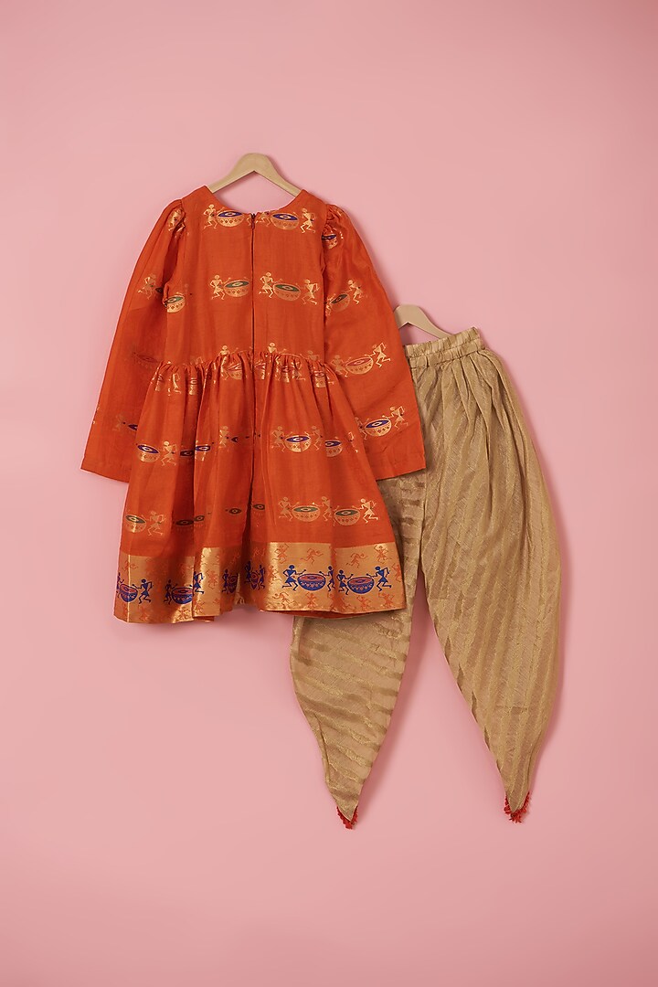 Orange Cotton Silk Drum Printed Kurta Set For Girls by PiccoRicco at Pernia's Pop Up Shop