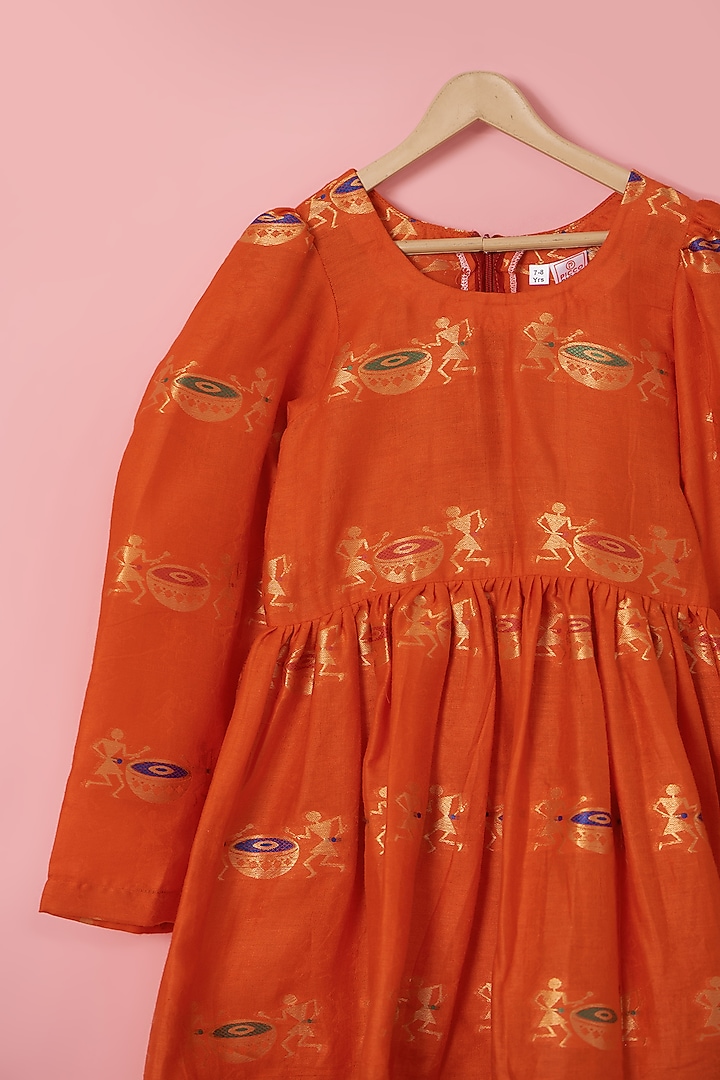Orange Cotton Silk Drum Printed Kurta Set For Girls by PiccoRicco at Pernia's Pop Up Shop
