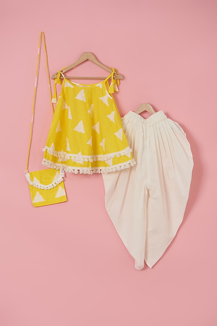 Yellow Cotton Layered Kurta Set For Girls by PiccoRicco