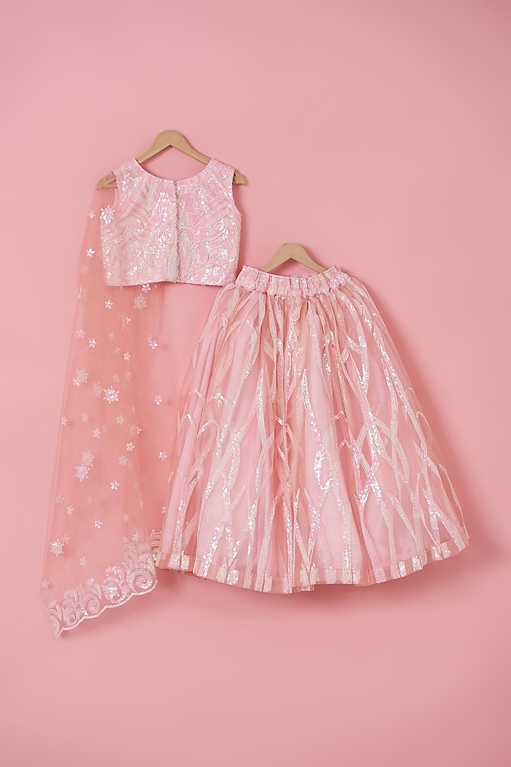 Pink Net Sequins Embroidered Lehenga Set For Girls by PiccoRicco at Pernia's Pop Up Shop