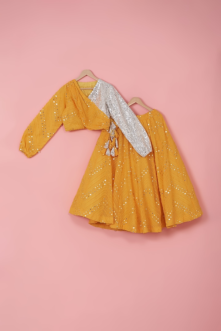 Yellow Silk Blend Mirror Embroidered Lehenga Set For Girls by PiccoRicco at Pernia's Pop Up Shop
