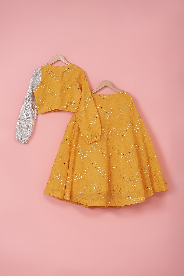 Yellow Silk Blend Mirror Embroidered Lehenga Set For Girls by PiccoRicco at Pernia's Pop Up Shop