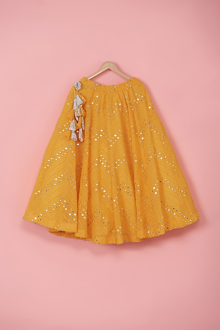 Yellow Silk Blend Mirror Embroidered Lehenga Set For Girls by PiccoRicco at Pernia's Pop Up Shop