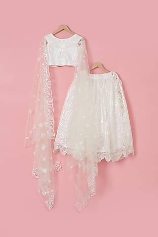 White Sequins & Net Lehenga Set For Girls by PiccoRicco
