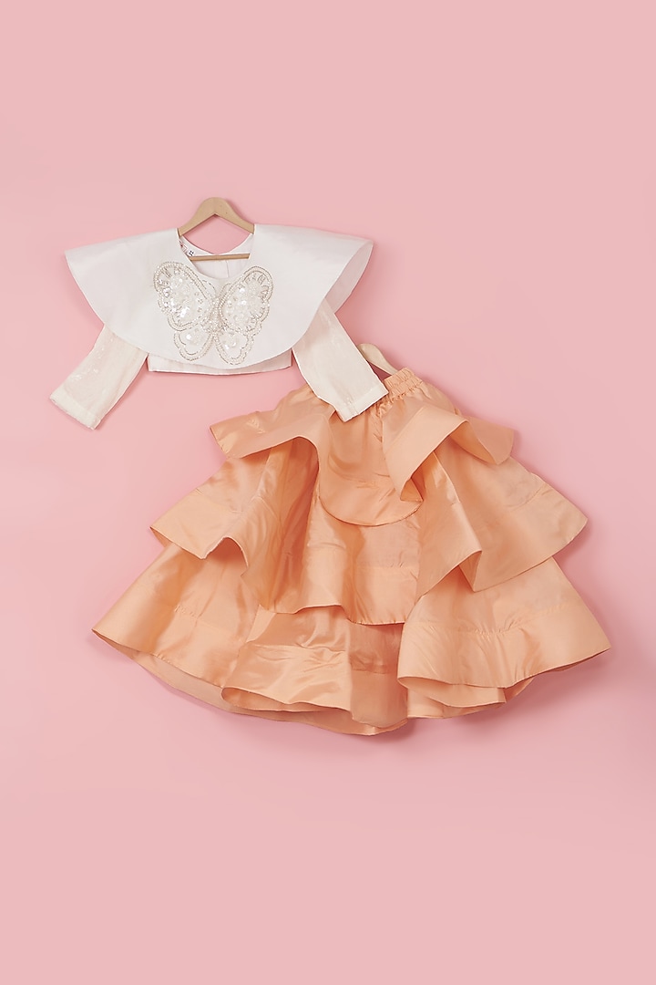 Apricot Taffeta Silk Ruffled Lehenga Set For Girls by PiccoRicco at Pernia's Pop Up Shop