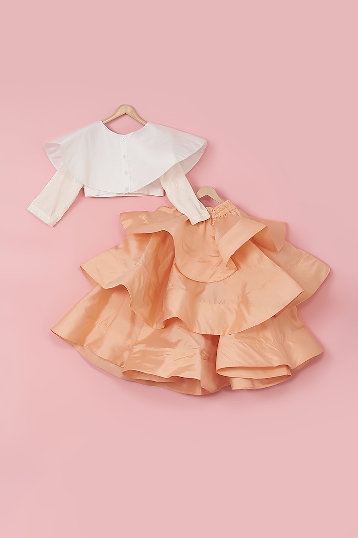 Apricot Taffeta Silk Ruffled Lehenga Set For Girls by PiccoRicco at Pernia's Pop Up Shop
