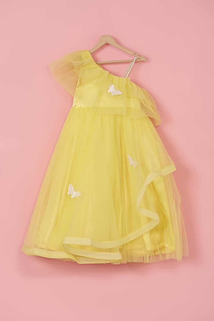 Yellow Butterfly Net Pearl Embroidered One-Shoulder Dress For Girls by PiccoRicco