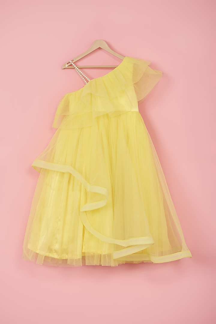 Yellow Butterfly Net Pearl Embroidered One-Shoulder Dress For Girls by PiccoRicco at Pernia's Pop Up Shop