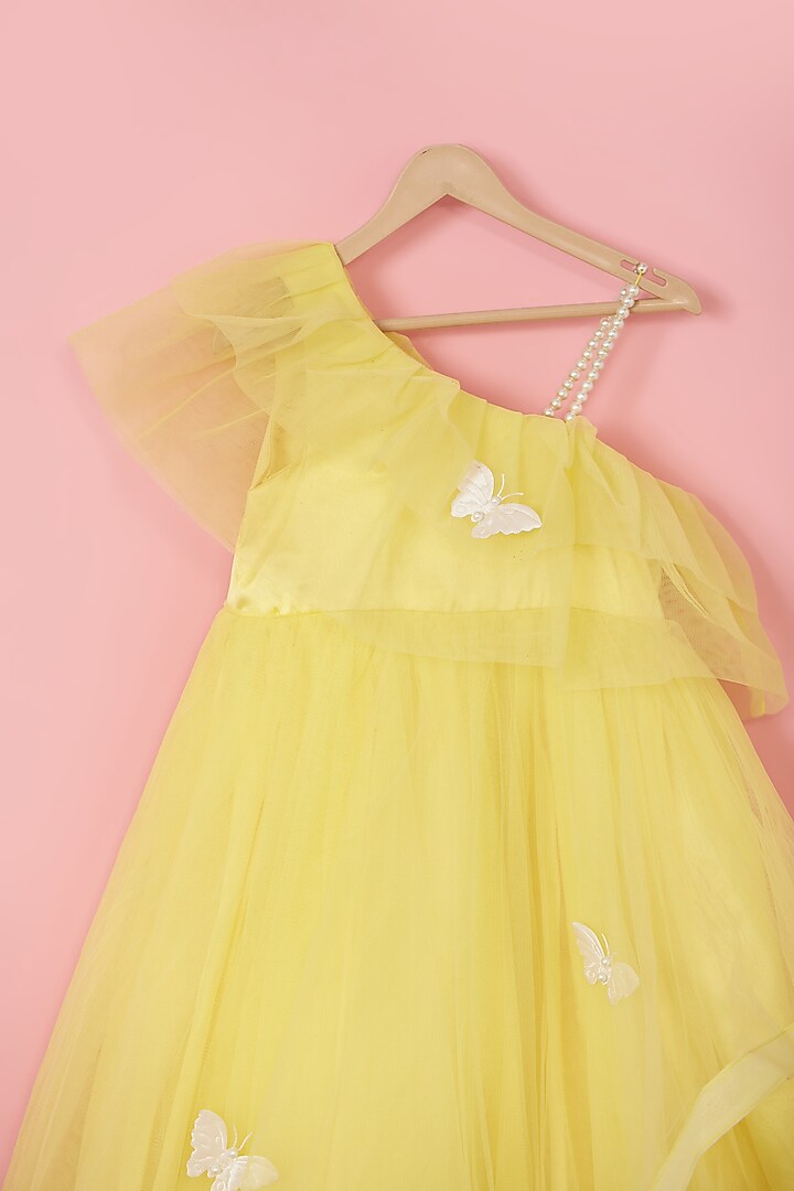 Yellow Butterfly Net Pearl Embroidered One-Shoulder Dress For Girls by PiccoRicco at Pernia's Pop Up Shop