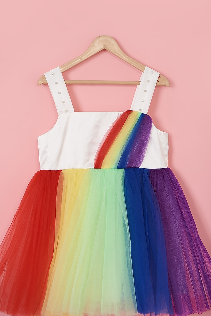 Multi-Colored Net Pearl Embroidered Rainbow Dress For Girls by PiccoRicco at Pernia's Pop Up Shop