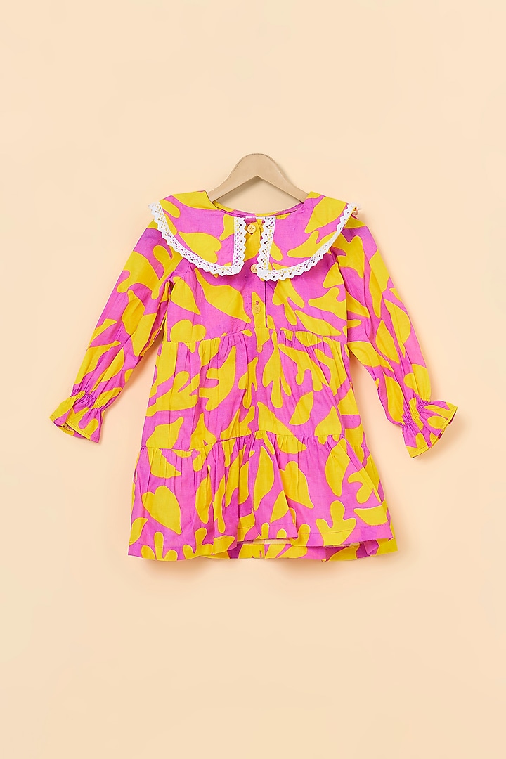 Pink & Yellow Cotton Lace Work Dress For Girls by PiccoRicco  at Pernia's Pop Up Shop