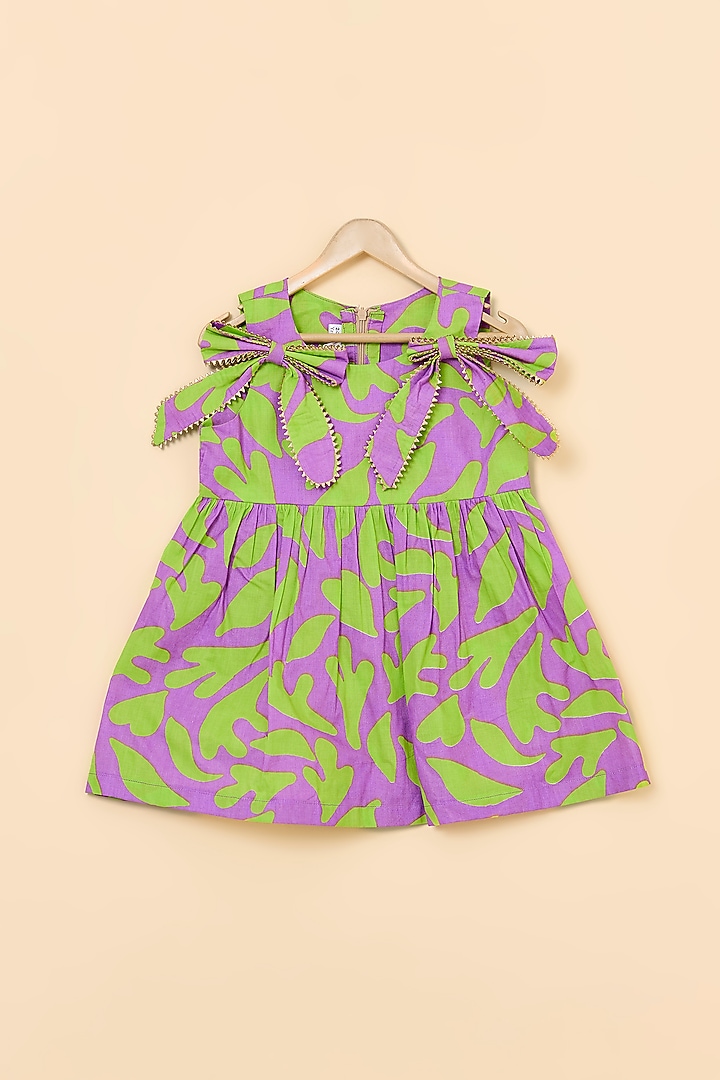 Green & Lilac Cotton Lace Work Dress For Girls by PiccoRicco  at Pernia's Pop Up Shop