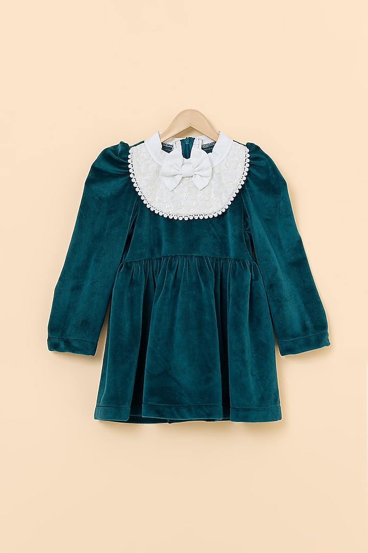 Green Imported Velvet Embroidered Dress For Girls by PiccoRicco  at Pernia's Pop Up Shop