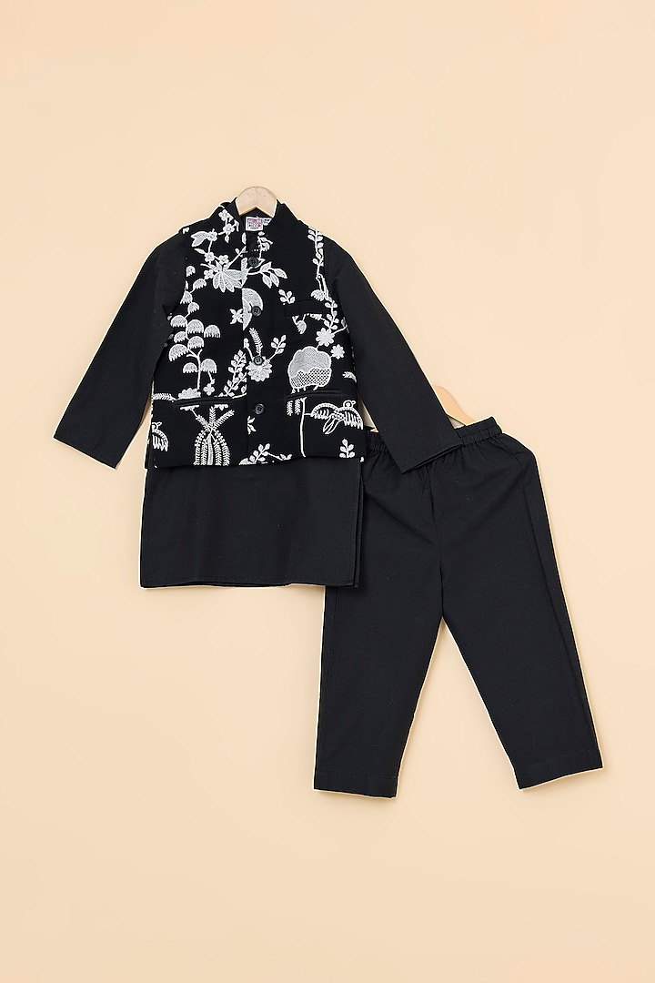 Black Georgette Embroidered Jacket Set For Boys by PiccoRicco at Pernia's Pop Up Shop