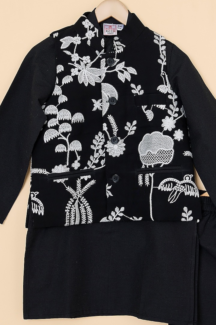 Black Georgette Embroidered Jacket Set For Boys by PiccoRicco at Pernia's Pop Up Shop